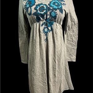 Double D Ranch Gray Embroidered Floral V Neck Long Sleeve Smocked Waist Dress XS
